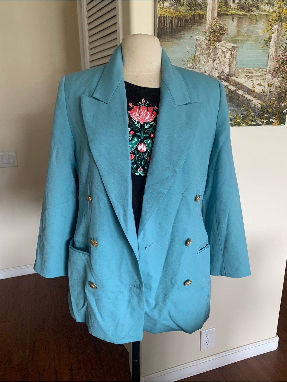 Turquoise Double-Breasted Women's wool Blazer